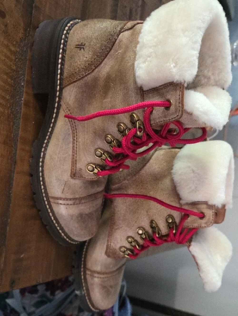 Frye Brown Leather Shearling-Lined Boots with Red Laces